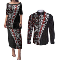 Tonga Ngatu Art Tattoo Polynesian Couples Matching Puletasi and Long Sleeve Button Shirt