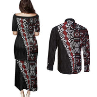 Tonga Ngatu Art Tattoo Polynesian Couples Matching Puletasi and Long Sleeve Button Shirt