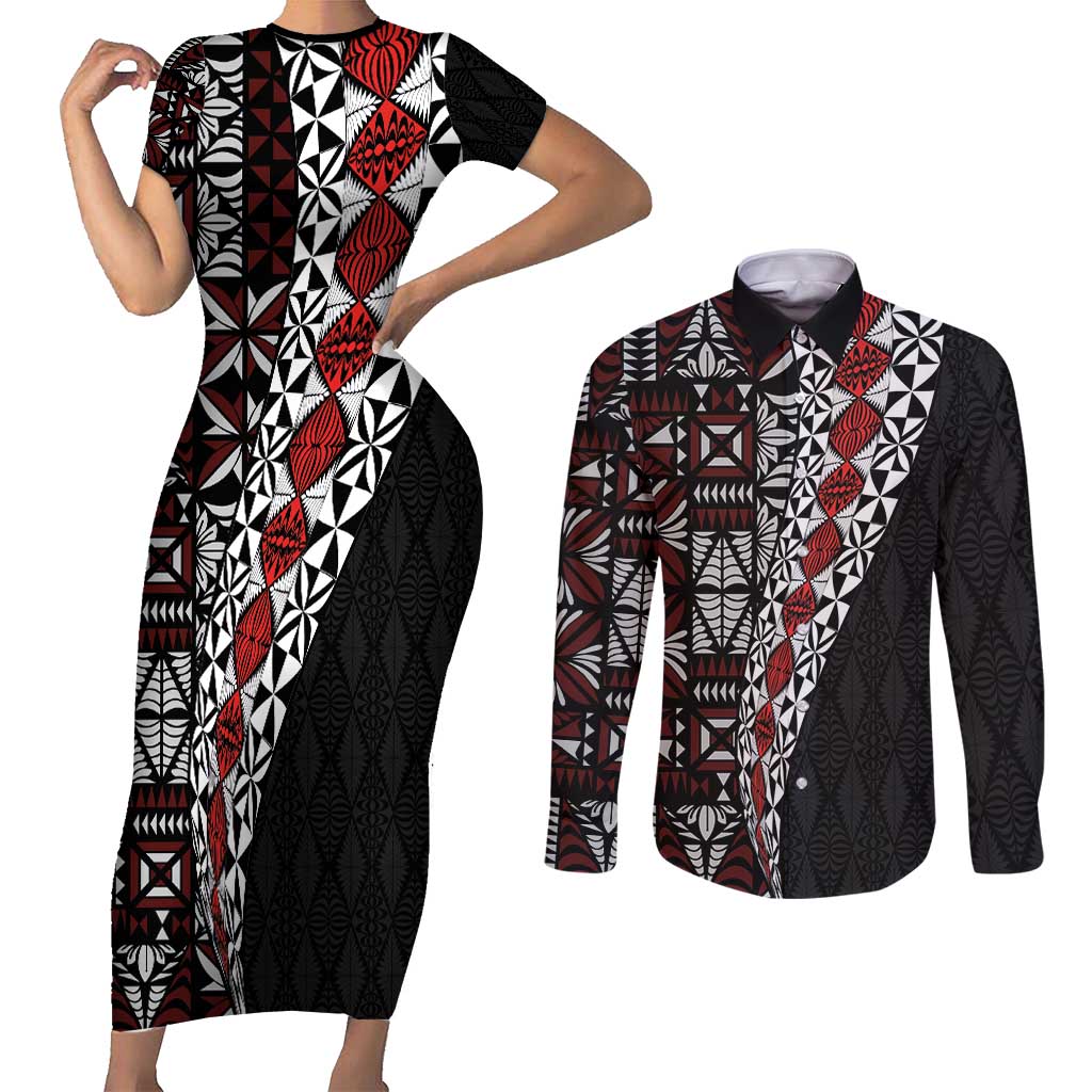 Tonga Ngatu Art Tattoo Polynesian Couples Matching Short Sleeve Bodycon Dress and Long Sleeve Button Shirt