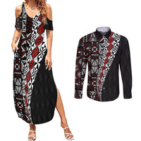 Tonga Ngatu Art Tattoo Polynesian Couples Matching Summer Maxi Dress and Long Sleeve Button Shirt