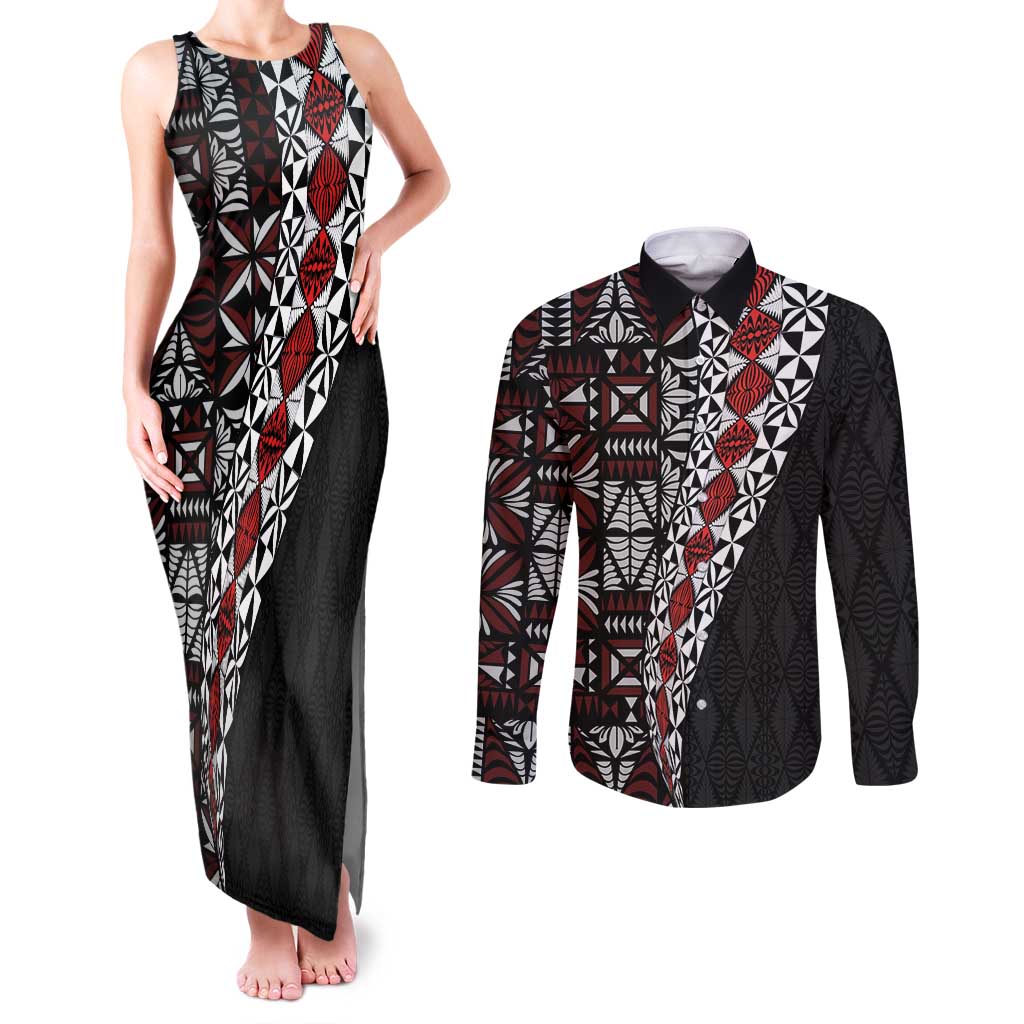 Tonga Ngatu Art Tattoo Polynesian Couples Matching Tank Maxi Dress and Long Sleeve Button Shirt