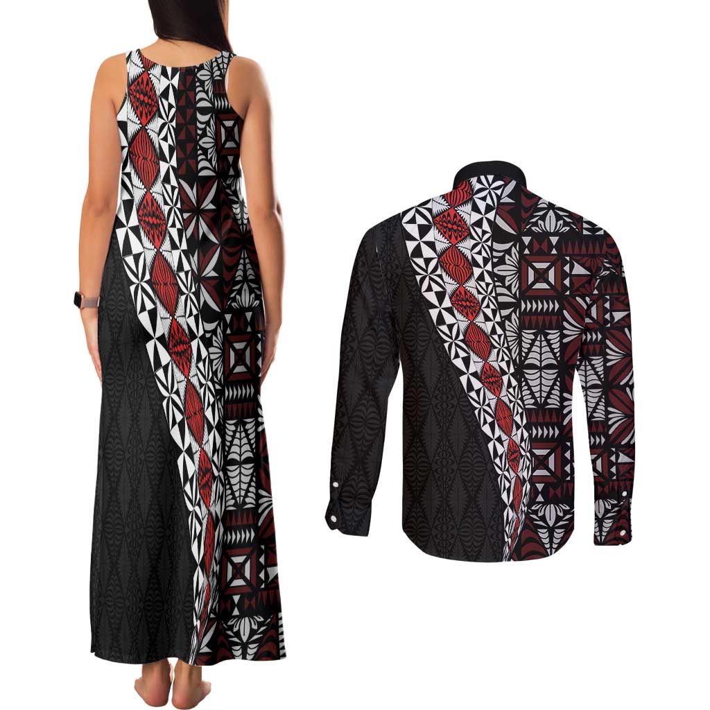 Tonga Ngatu Art Tattoo Polynesian Couples Matching Tank Maxi Dress and Long Sleeve Button Shirt