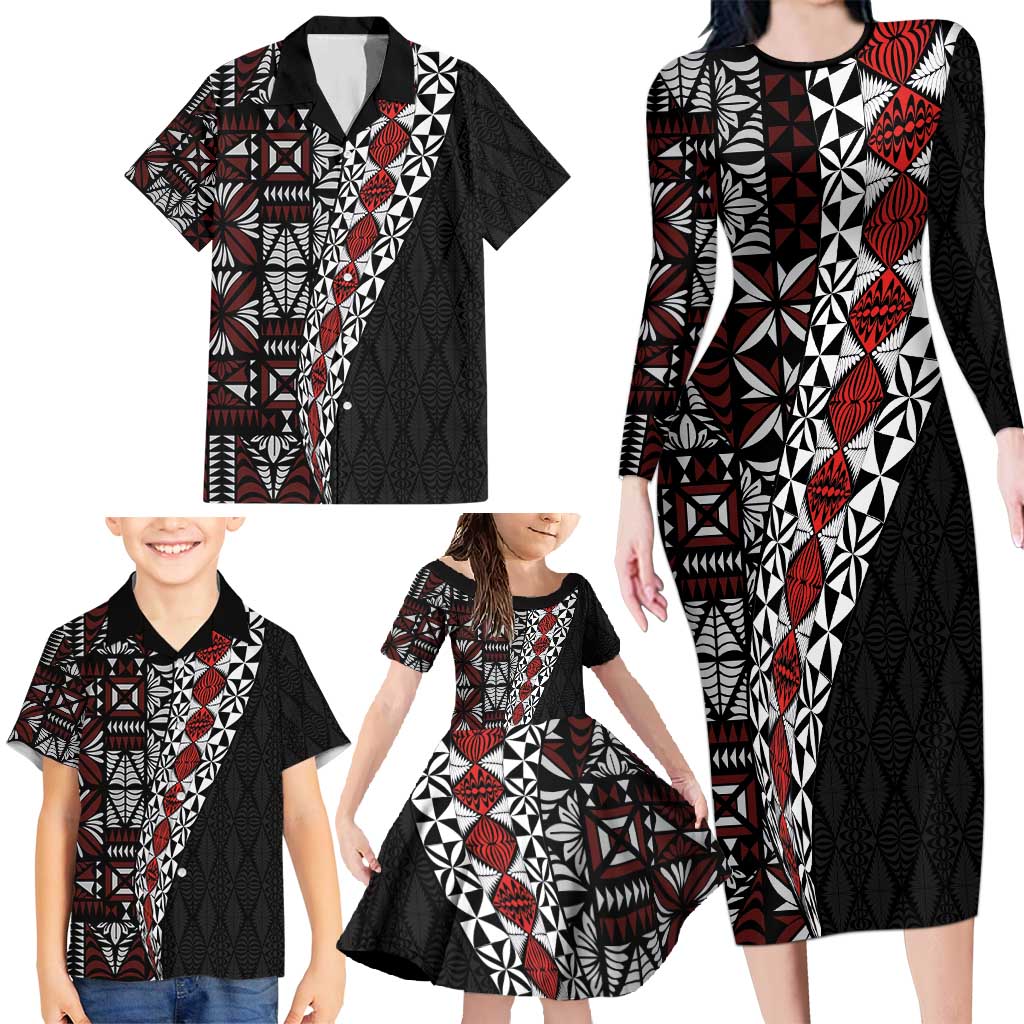 Tonga Ngatu Art Tattoo Polynesian Family Matching Long Sleeve Bodycon Dress and Hawaiian Shirt LT03 - Polynesian Pride