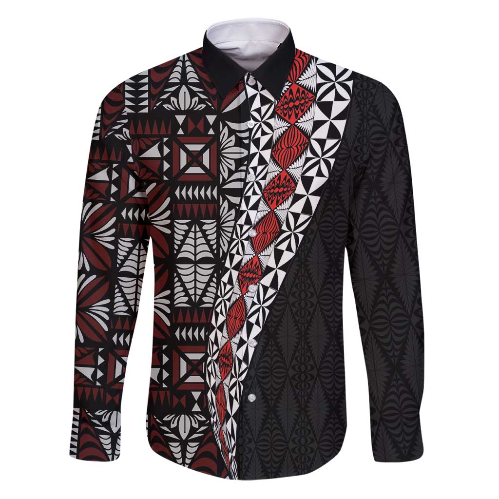 Tonga Ngatu Art Tattoo Polynesian Family Matching Puletasi and Hawaiian Shirt LT03 Dad's Shirt - Long Sleeve Black - Polynesian Pride