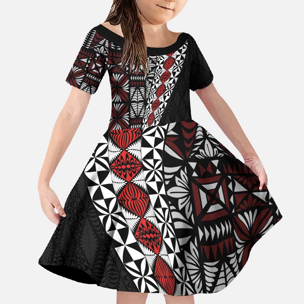 Tonga Ngatu Art Tattoo Polynesian Family Matching Short Sleeve Bodycon Dress and Hawaiian Shirt LT03 Daughter's Dress Black - Polynesian Pride
