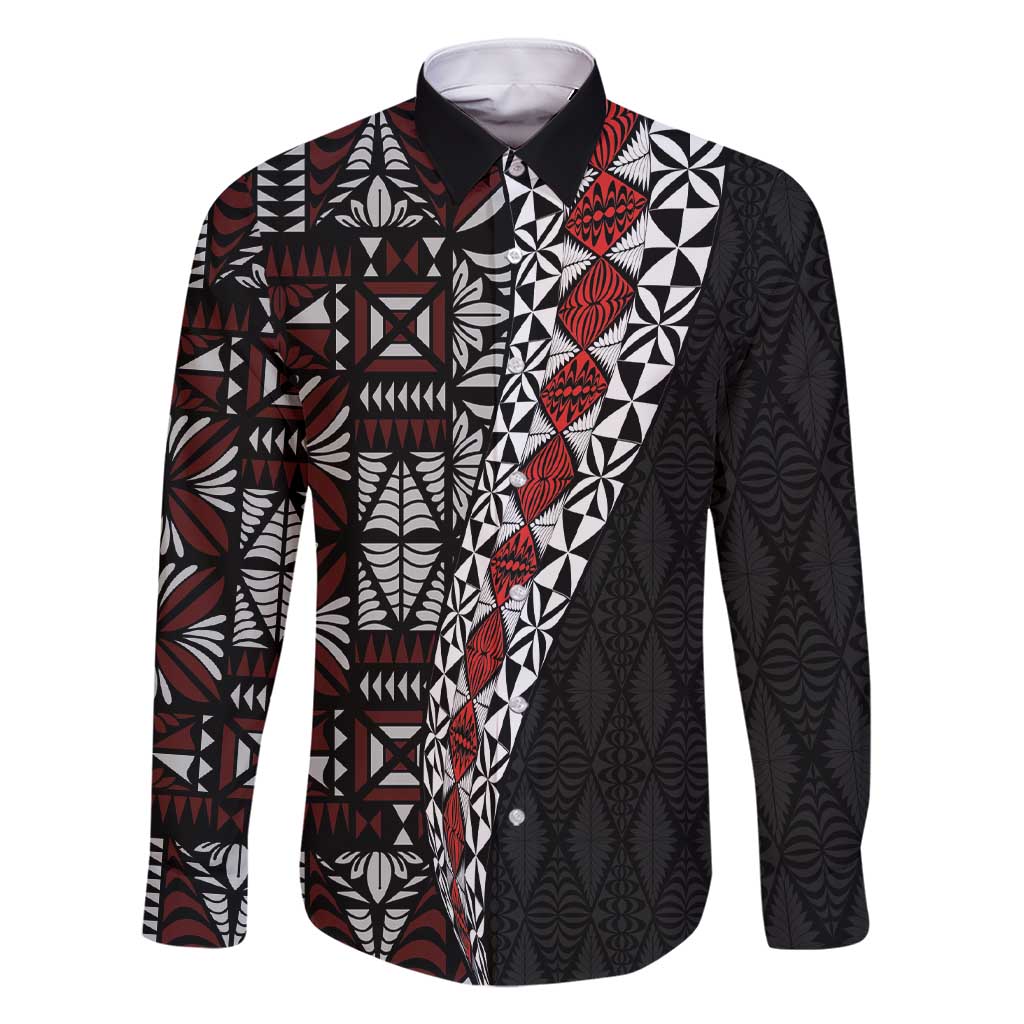 Tonga Ngatu Art Tattoo Polynesian Family Matching Short Sleeve Bodycon Dress and Hawaiian Shirt LT03 Dad's Shirt - Long Sleeve Black - Polynesian Pride