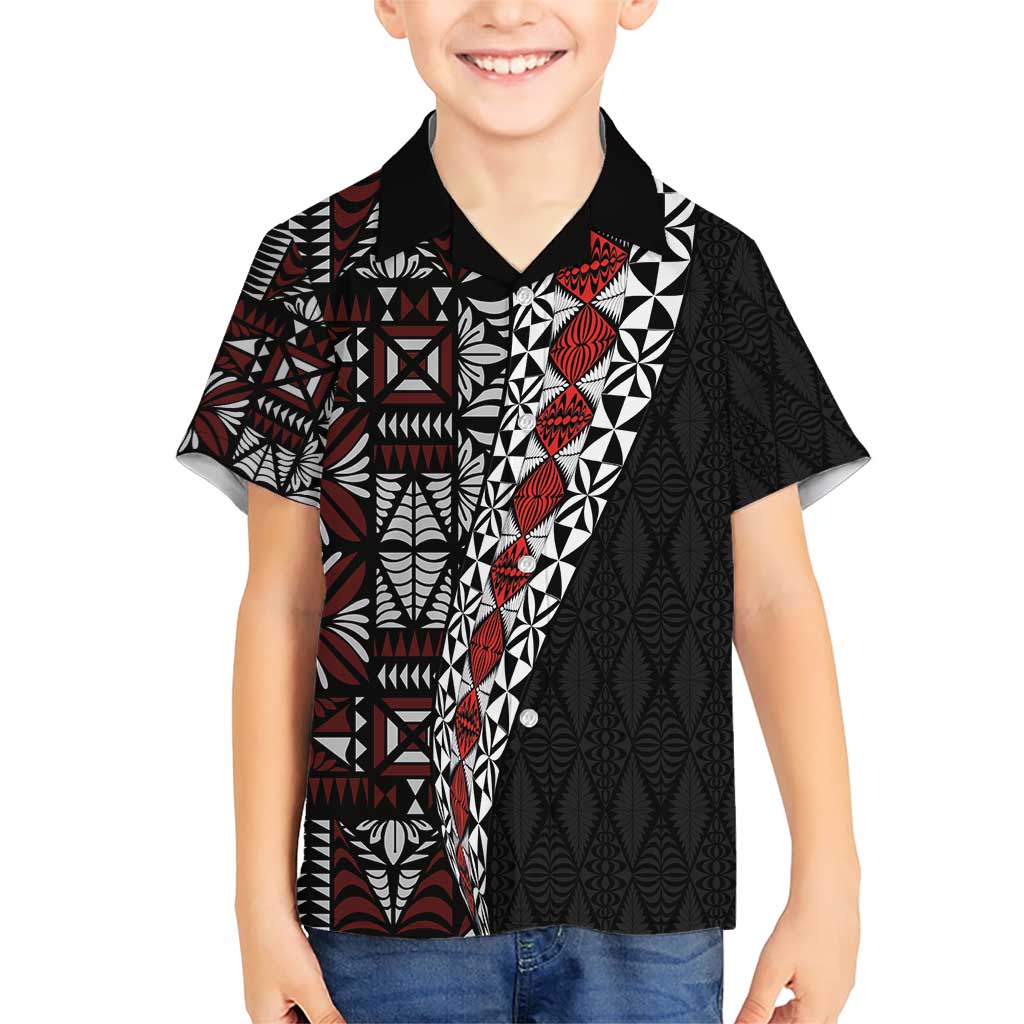 Tonga Ngatu Art Tattoo Polynesian Family Matching Short Sleeve Bodycon Dress and Hawaiian Shirt LT03 Son's Shirt Black - Polynesian Pride