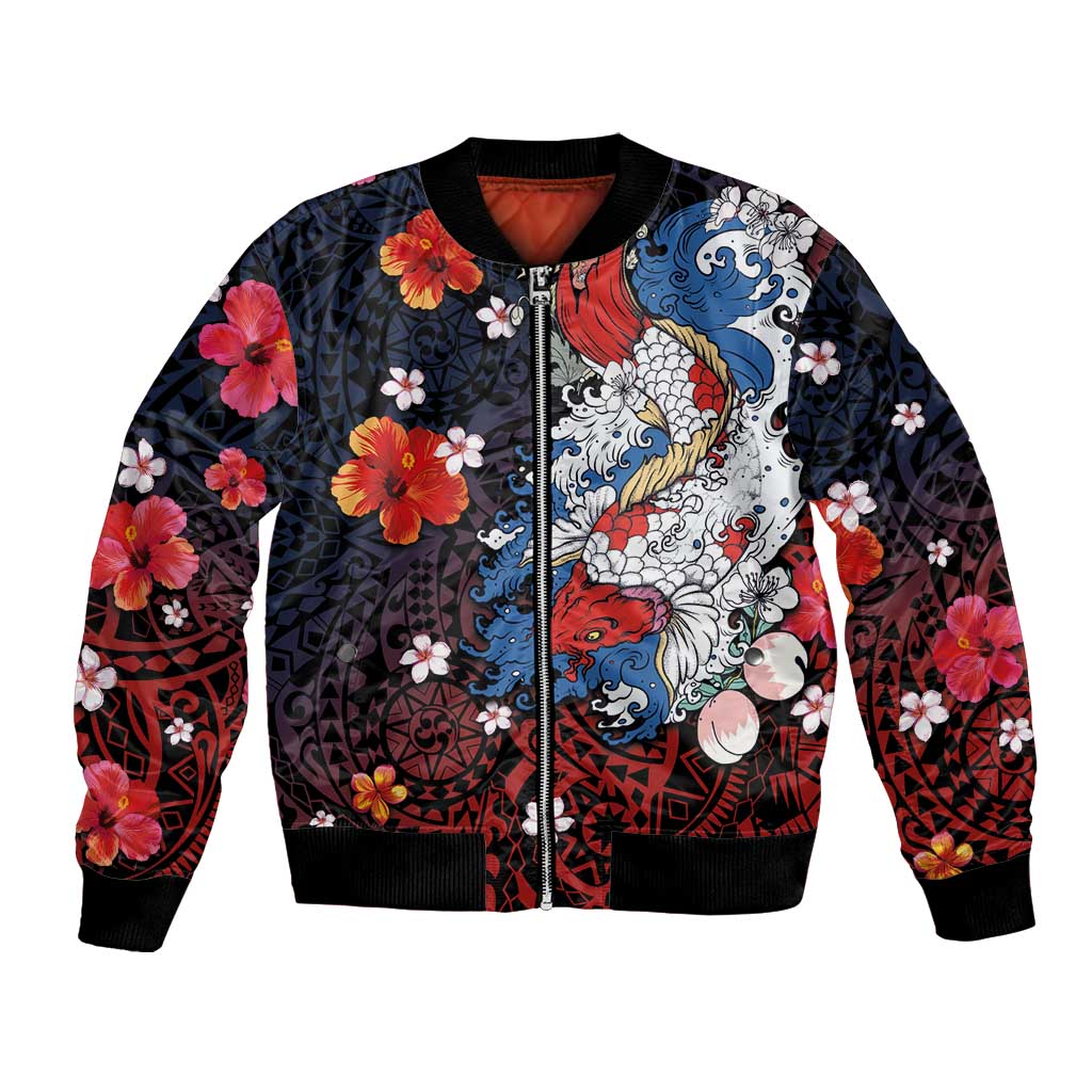 Hawaiian and Japanese Together Bomber Jacket Hibiscus and Koi Fish Polynesian Pattern Colorful Style LT03 Unisex Red - Polynesian Pride