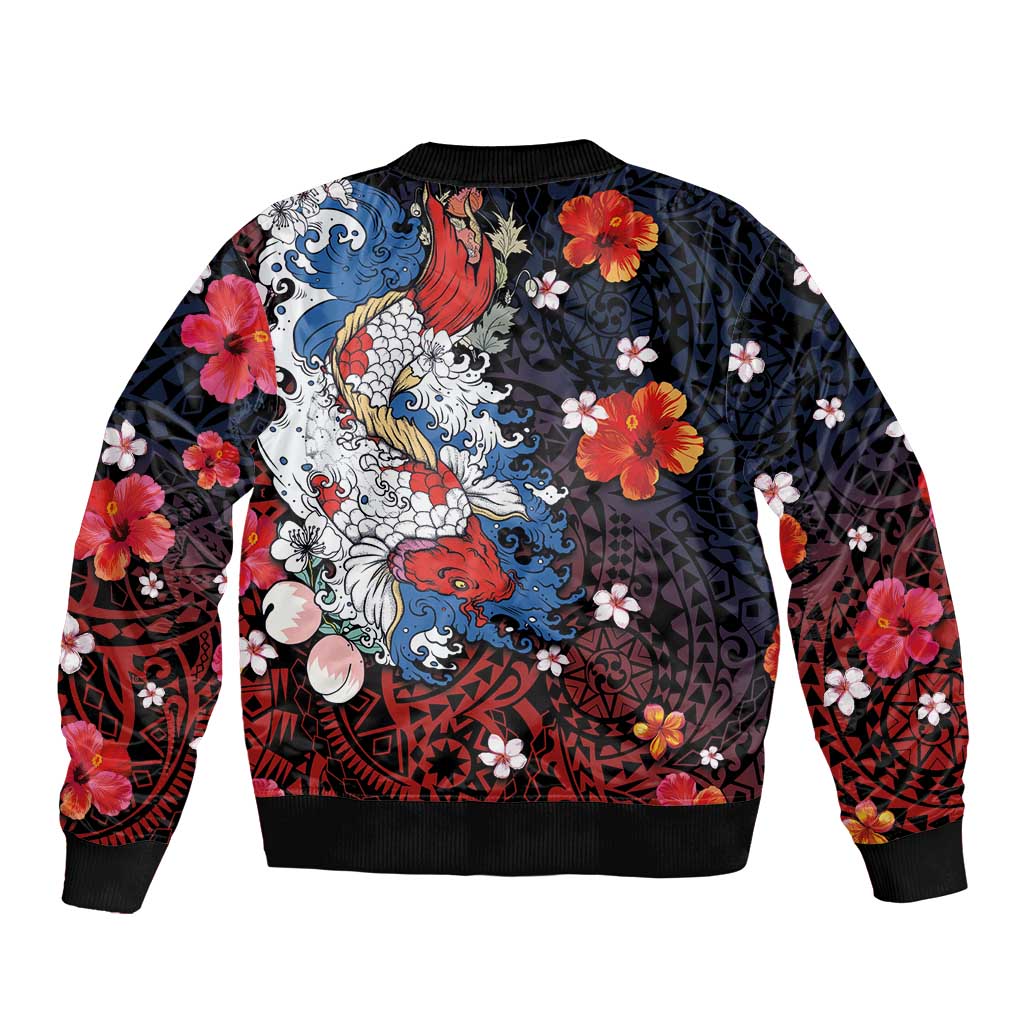 Hawaiian and Japanese Together Bomber Jacket Hibiscus and Koi Fish Polynesian Pattern Colorful Style LT03 - Polynesian Pride