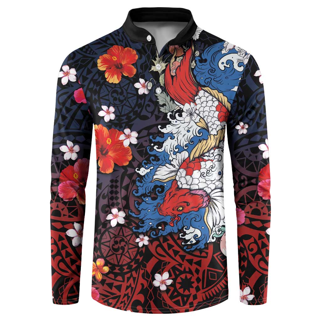 Hawaiian and Japanese Together Button Sweatshirt Hibiscus and Koi Fish Polynesian Pattern Colorful Style
