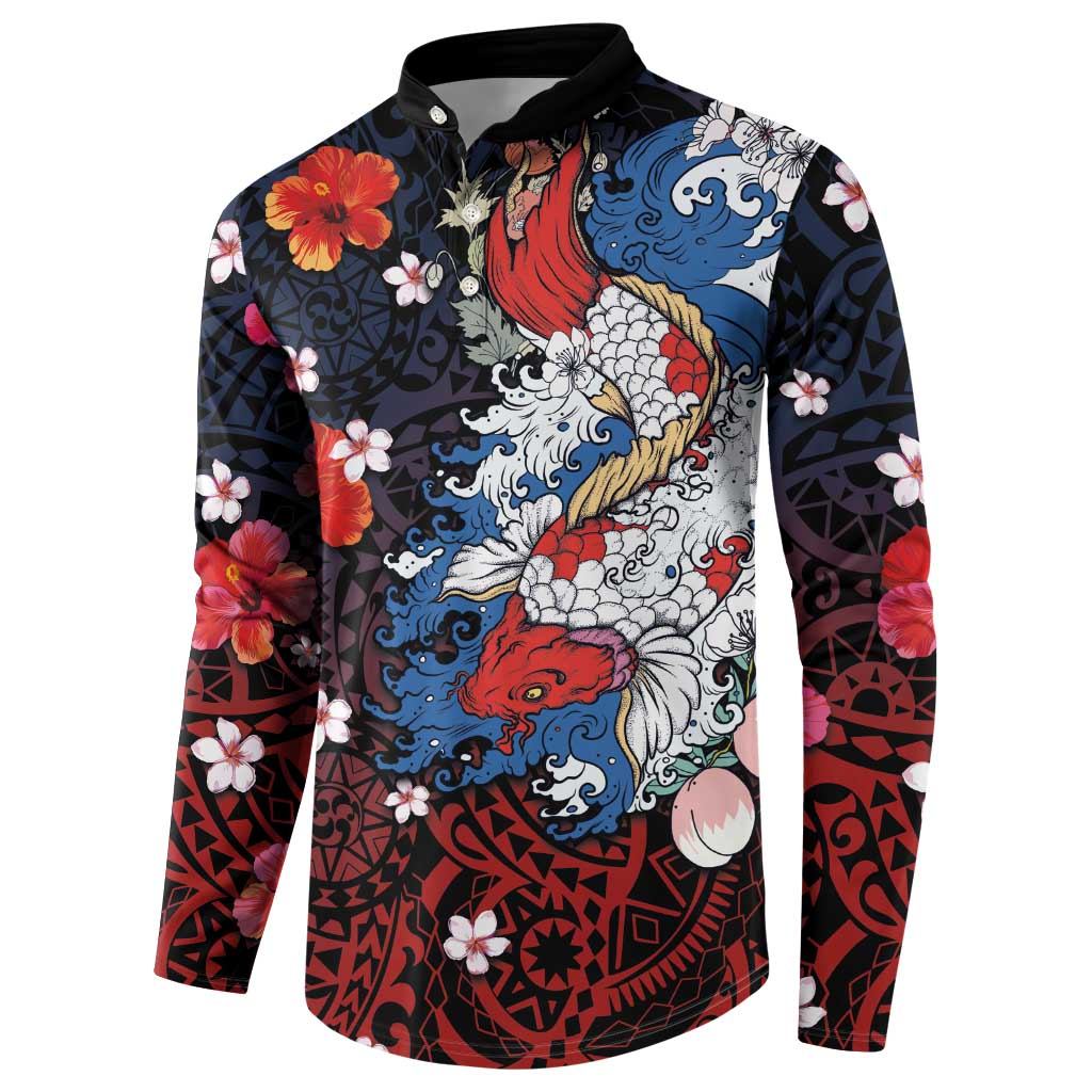 Hawaiian and Japanese Together Button Sweatshirt Hibiscus and Koi Fish Polynesian Pattern Colorful Style