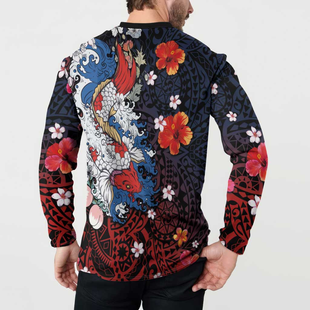Hawaiian and Japanese Together Button Sweatshirt Hibiscus and Koi Fish Polynesian Pattern Colorful Style