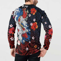 Hawaiian and Japanese Together Button Sweatshirt Hibiscus and Koi Fish Polynesian Pattern Colorful Style