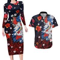 Hawaiian and Japanese Together Couples Matching Long Sleeve Bodycon Dress and Hawaiian Shirt Hibiscus and Koi Fish Polynesian Pattern Colorful Style LT03 Red - Polynesian Pride