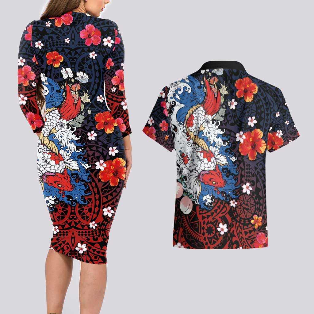 Hawaiian and Japanese Together Couples Matching Long Sleeve Bodycon Dress and Hawaiian Shirt Hibiscus and Koi Fish Polynesian Pattern Colorful Style LT03 - Polynesian Pride