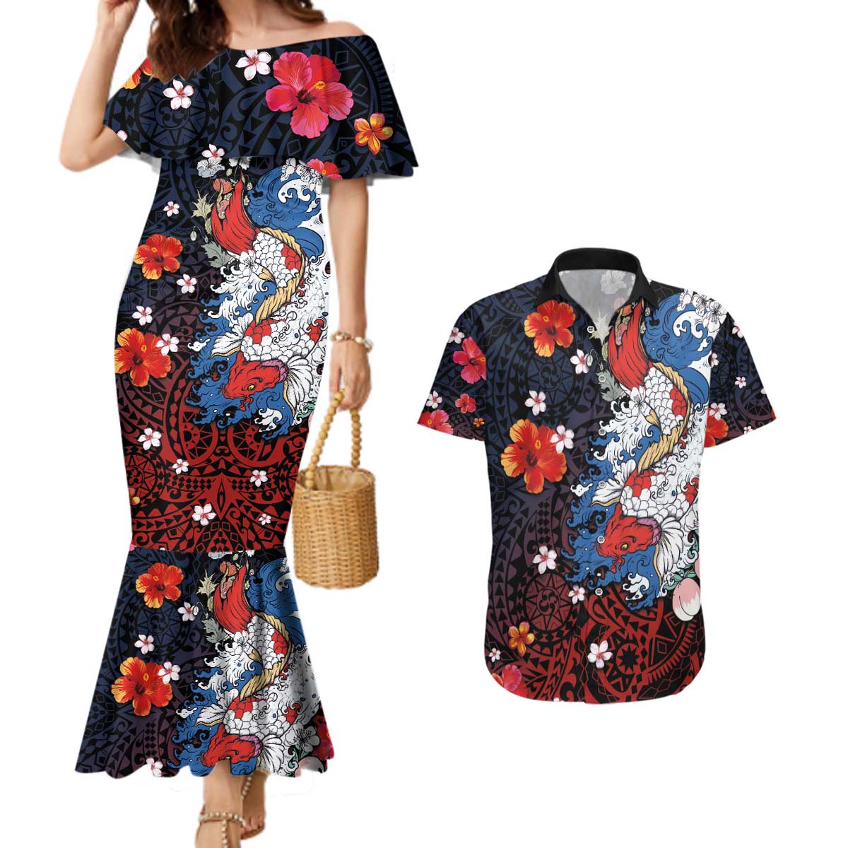 Hawaiian and Japanese Together Couples Matching Mermaid Dress and Hawaiian Shirt Hibiscus and Koi Fish Polynesian Pattern Colorful Style LT03 Red - Polynesian Pride