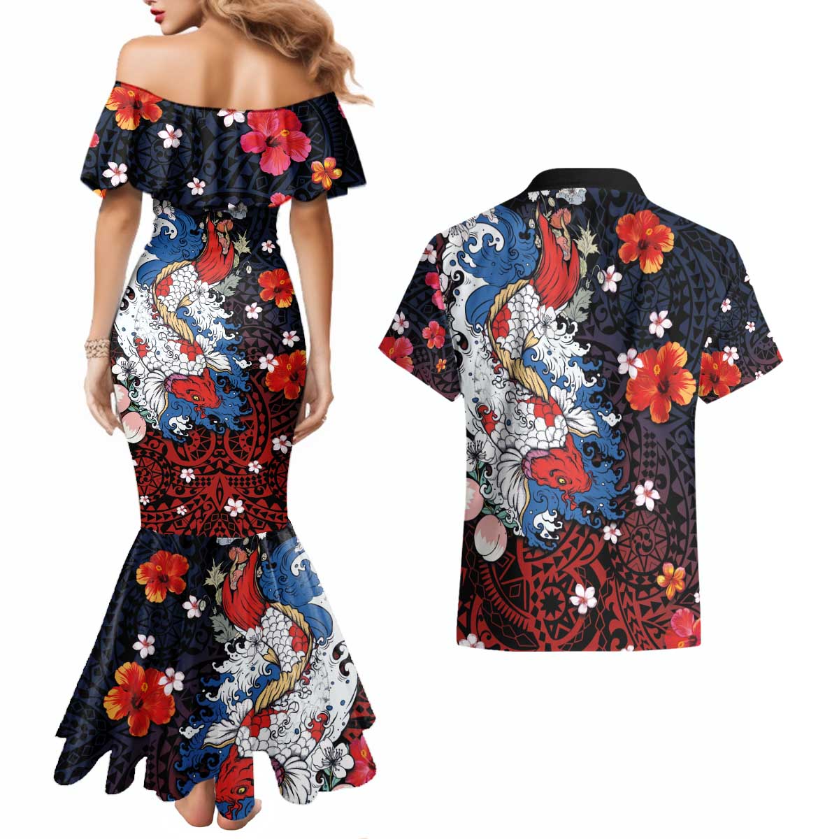 Hawaiian and Japanese Together Couples Matching Mermaid Dress and Hawaiian Shirt Hibiscus and Koi Fish Polynesian Pattern Colorful Style LT03 - Polynesian Pride