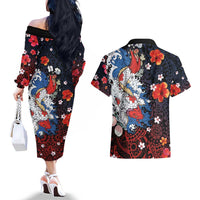 Hawaiian and Japanese Together Couples Matching Off The Shoulder Long Sleeve Dress and Hawaiian Shirt Hibiscus and Koi Fish Polynesian Pattern Colorful Style LT03 - Polynesian Pride