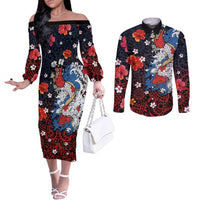 Hawaiian and Japanese Together Couples Matching Off The Shoulder Long Sleeve Dress and Long Sleeve Button Shirt Hibiscus and Koi Fish Polynesian Pattern Colorful Style LT03 Red - Polynesian Pride