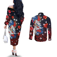 Hawaiian and Japanese Together Couples Matching Off The Shoulder Long Sleeve Dress and Long Sleeve Button Shirt Hibiscus and Koi Fish Polynesian Pattern Colorful Style LT03 - Polynesian Pride