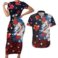 Hawaiian and Japanese Together Couples Matching Short Sleeve Bodycon Dress and Hawaiian Shirt Hibiscus and Koi Fish Polynesian Pattern Colorful Style LT03 Red - Polynesian Pride