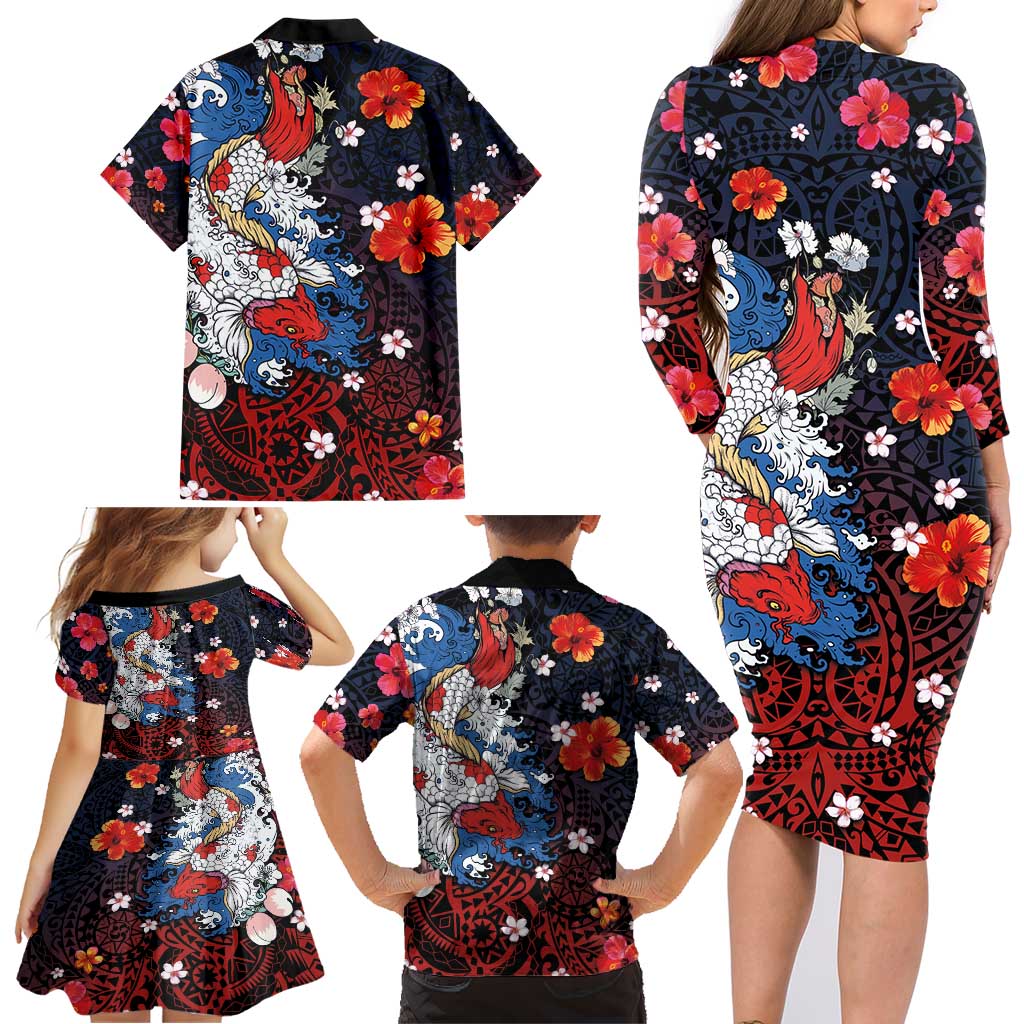 Hawaiian and Japanese Together Family Matching Long Sleeve Bodycon Dress and Hawaiian Shirt Hibiscus and Koi Fish Polynesian Pattern Colorful Style LT03 - Polynesian Pride