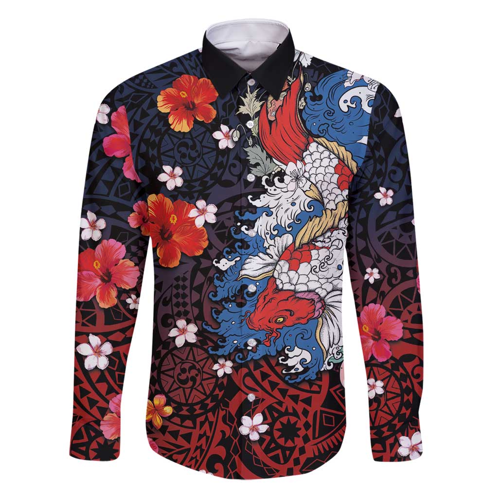 Hawaiian and Japanese Together Family Matching Long Sleeve Bodycon Dress and Hawaiian Shirt Hibiscus and Koi Fish Polynesian Pattern Colorful Style LT03 Dad's Shirt - Long Sleeve Red - Polynesian Pride