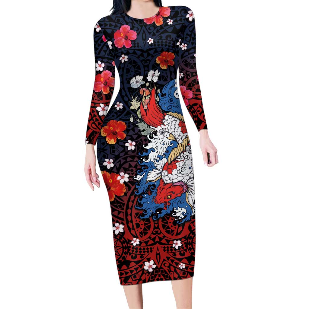 Hawaiian and Japanese Together Family Matching Long Sleeve Bodycon Dress and Hawaiian Shirt Hibiscus and Koi Fish Polynesian Pattern Colorful Style LT03 Mom's Dress Red - Polynesian Pride