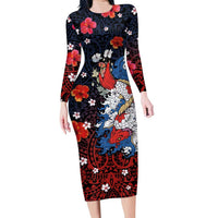 Hawaiian and Japanese Together Family Matching Long Sleeve Bodycon Dress and Hawaiian Shirt Hibiscus and Koi Fish Polynesian Pattern Colorful Style LT03 Mom's Dress Red - Polynesian Pride