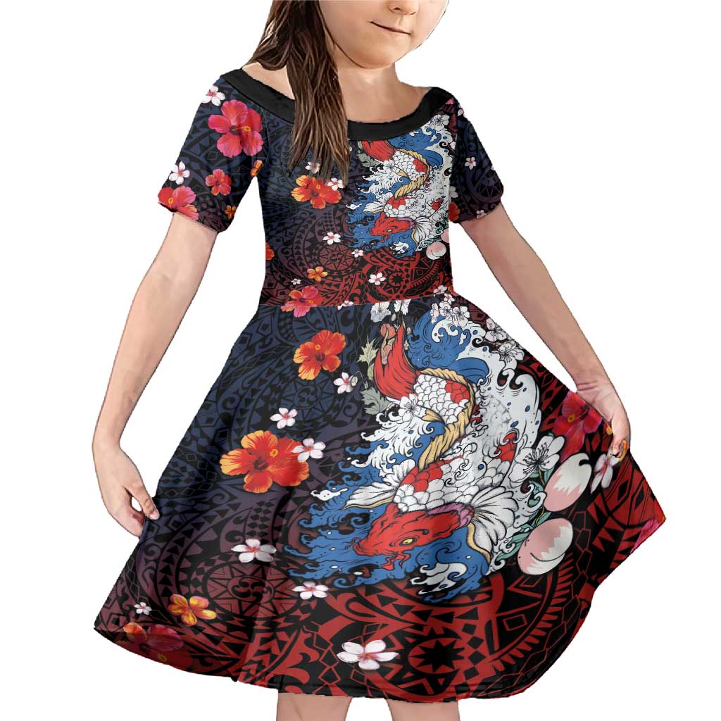 Hawaiian and Japanese Together Family Matching Mermaid Dress and Hawaiian Shirt Hibiscus and Koi Fish Polynesian Pattern Colorful Style LT03 Daughter's Dress Red - Polynesian Pride