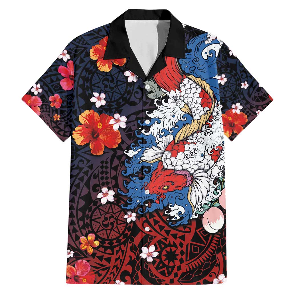 Hawaiian and Japanese Together Family Matching Mermaid Dress and Hawaiian Shirt Hibiscus and Koi Fish Polynesian Pattern Colorful Style LT03 Dad's Shirt - Short Sleeve Red - Polynesian Pride
