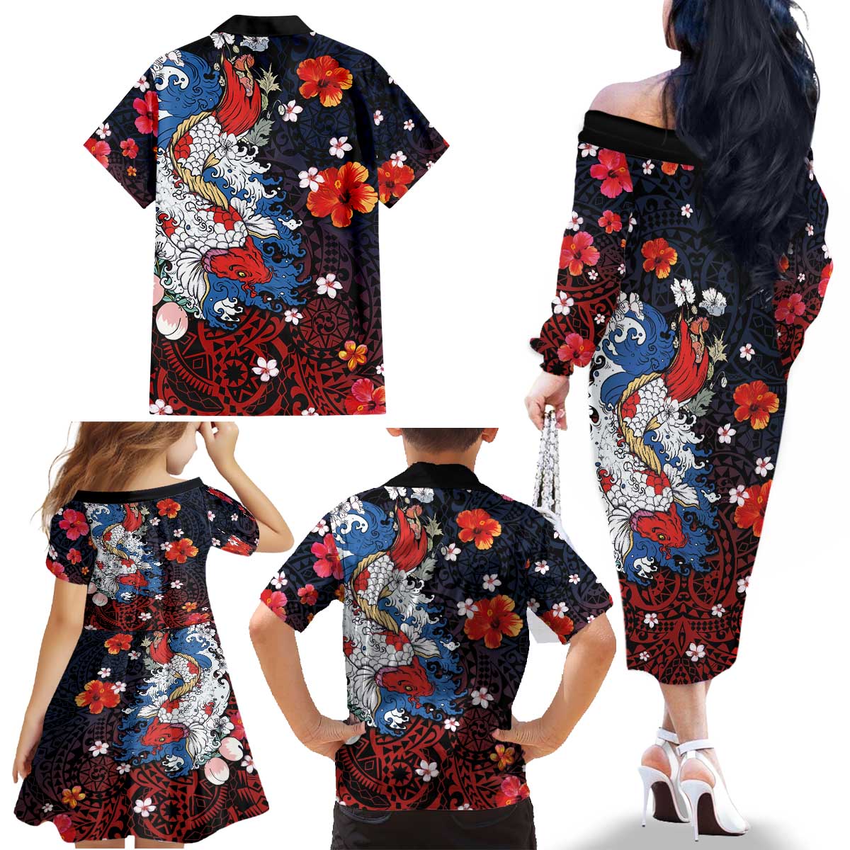 Hawaiian and Japanese Together Family Matching Off The Shoulder Long Sleeve Dress and Hawaiian Shirt Hibiscus and Koi Fish Polynesian Pattern Colorful Style LT03 - Polynesian Pride