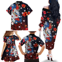 Hawaiian and Japanese Together Family Matching Off The Shoulder Long Sleeve Dress and Hawaiian Shirt Hibiscus and Koi Fish Polynesian Pattern Colorful Style LT03 - Polynesian Pride