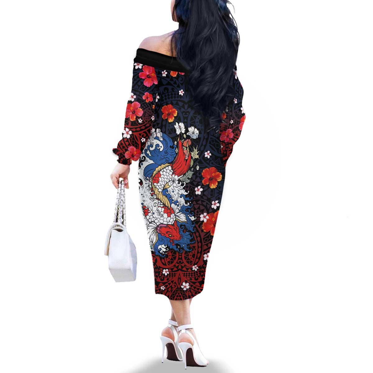 Hawaiian and Japanese Together Family Matching Off The Shoulder Long Sleeve Dress and Hawaiian Shirt Hibiscus and Koi Fish Polynesian Pattern Colorful Style LT03 - Polynesian Pride