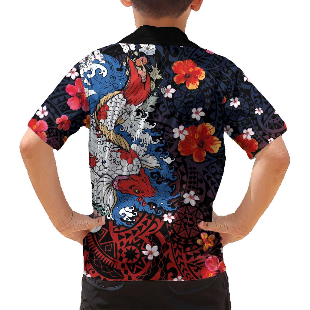 Hawaiian and Japanese Together Family Matching Off Shoulder Maxi Dress and Hawaiian Shirt Hibiscus and Koi Fish Polynesian Pattern Colorful Style LT03 - Polynesian Pride