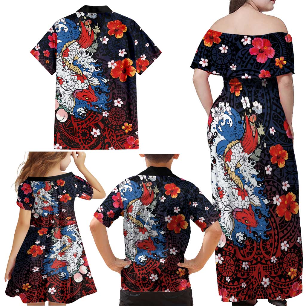 Hawaiian and Japanese Together Family Matching Off Shoulder Maxi Dress and Hawaiian Shirt Hibiscus and Koi Fish Polynesian Pattern Colorful Style LT03 - Polynesian Pride
