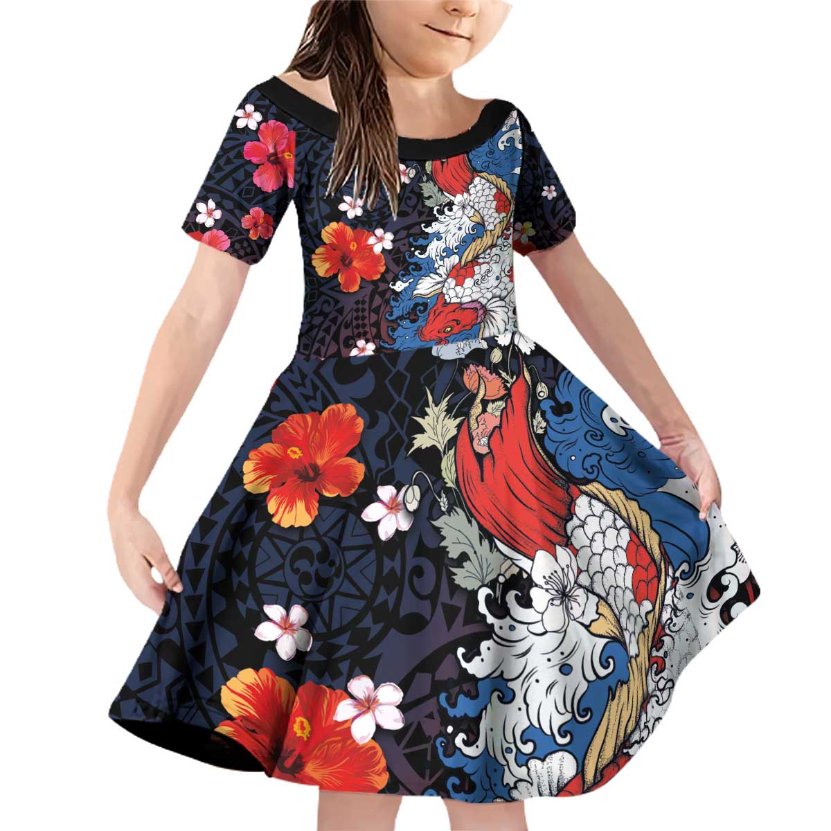 Hawaiian and Japanese Together Family Matching Off Shoulder Short Dress and Hawaiian Shirt Hibiscus and Koi Fish Polynesian Pattern Colorful Style LT03 Daughter's Dress Red - Polynesian Pride