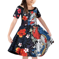 Hawaiian and Japanese Together Family Matching Off Shoulder Short Dress and Hawaiian Shirt Hibiscus and Koi Fish Polynesian Pattern Colorful Style LT03 Daughter's Dress Red - Polynesian Pride