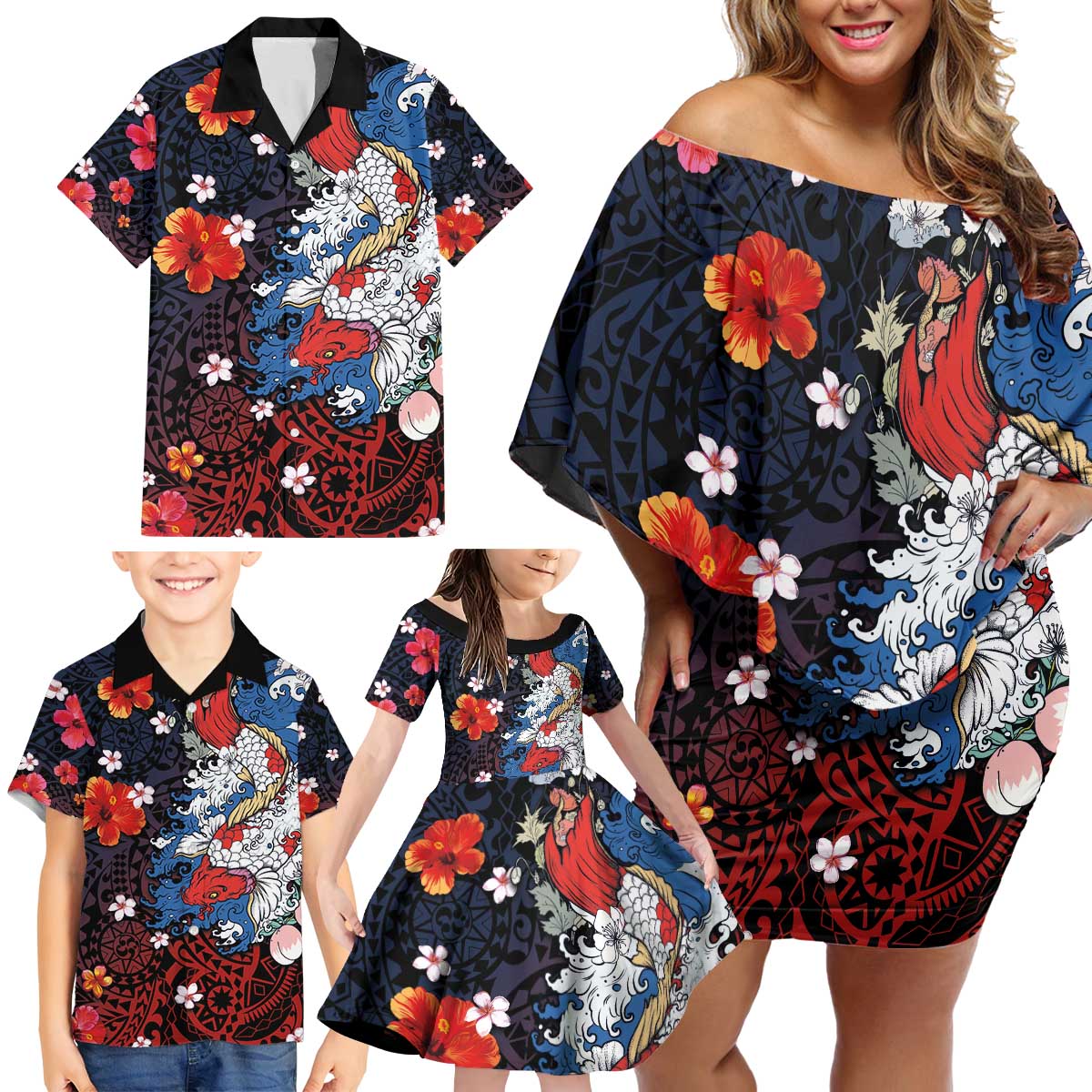 Hawaiian and Japanese Together Family Matching Off Shoulder Short Dress and Hawaiian Shirt Hibiscus and Koi Fish Polynesian Pattern Colorful Style LT03 - Polynesian Pride