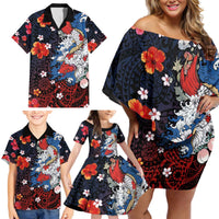 Hawaiian and Japanese Together Family Matching Off Shoulder Short Dress and Hawaiian Shirt Hibiscus and Koi Fish Polynesian Pattern Colorful Style LT03 - Polynesian Pride