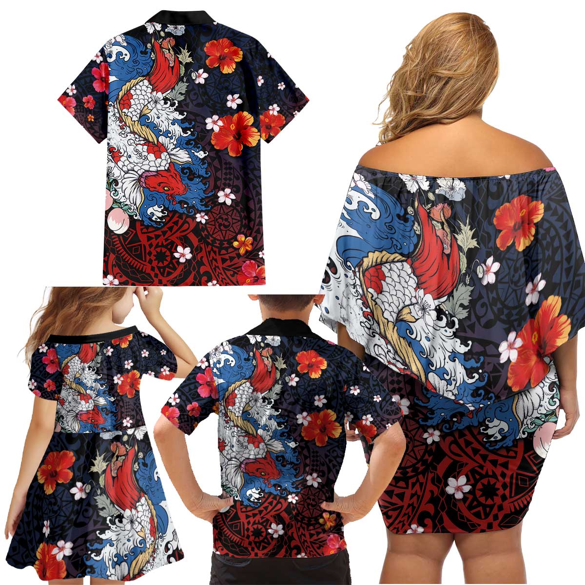 Hawaiian and Japanese Together Family Matching Off Shoulder Short Dress and Hawaiian Shirt Hibiscus and Koi Fish Polynesian Pattern Colorful Style LT03 - Polynesian Pride