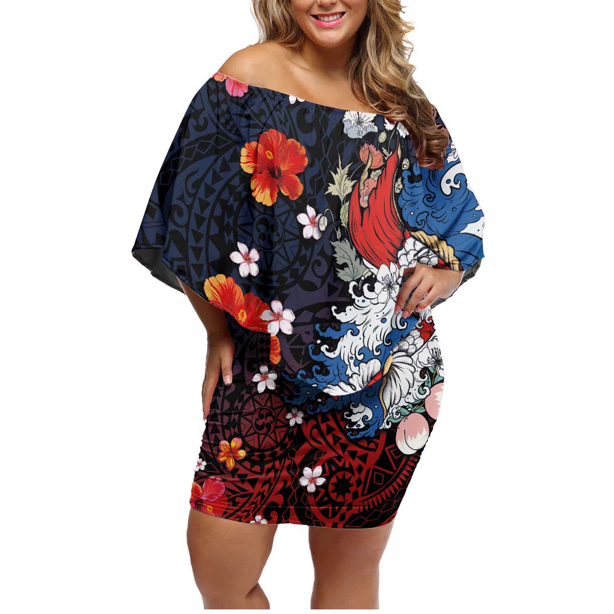 Hawaiian and Japanese Together Family Matching Off Shoulder Short Dress and Hawaiian Shirt Hibiscus and Koi Fish Polynesian Pattern Colorful Style LT03 Mom's Dress Red - Polynesian Pride