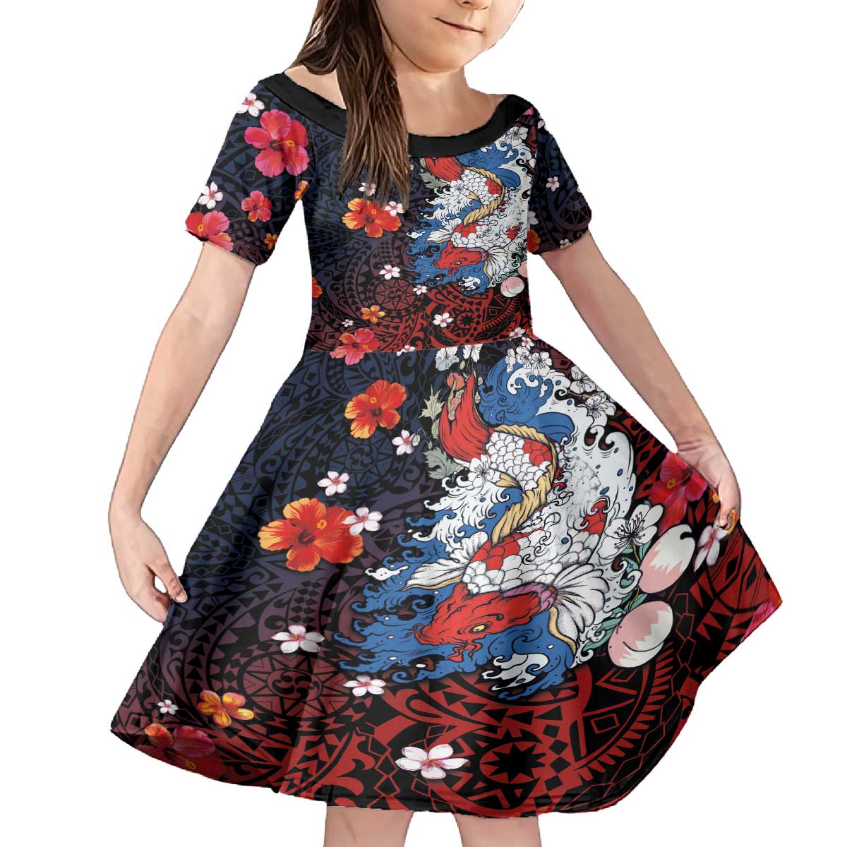 Hawaiian and Japanese Together Family Matching Puletasi and Hawaiian Shirt Hibiscus and Koi Fish Polynesian Pattern Colorful Style LT03 Daughter's Dress Red - Polynesian Pride