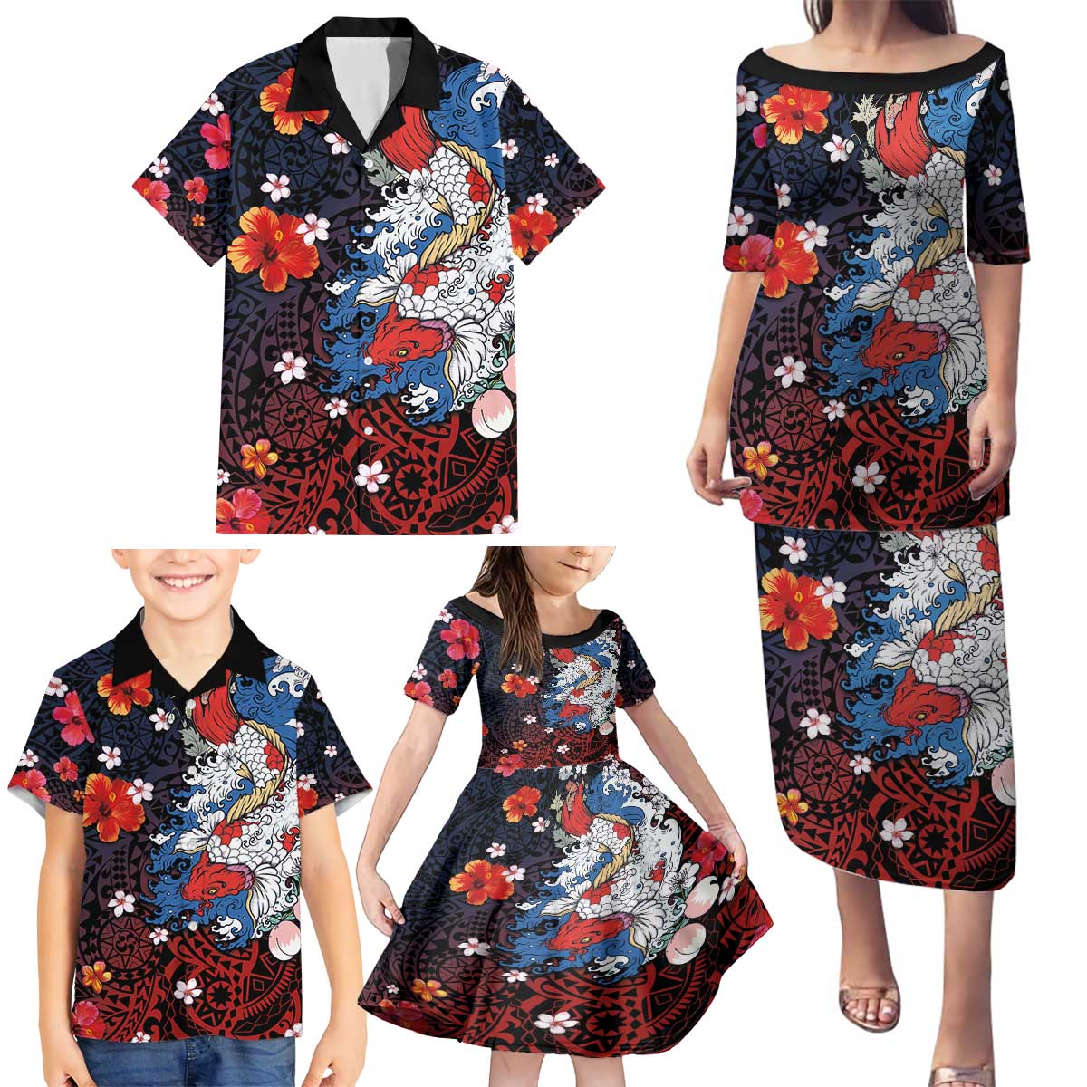 Hawaiian and Japanese Together Family Matching Puletasi and Hawaiian Shirt Hibiscus and Koi Fish Polynesian Pattern Colorful Style LT03 - Polynesian Pride