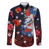 Hawaiian and Japanese Together Family Matching Puletasi and Hawaiian Shirt Hibiscus and Koi Fish Polynesian Pattern Colorful Style LT03 Dad's Shirt - Long Sleeve Red - Polynesian Pride