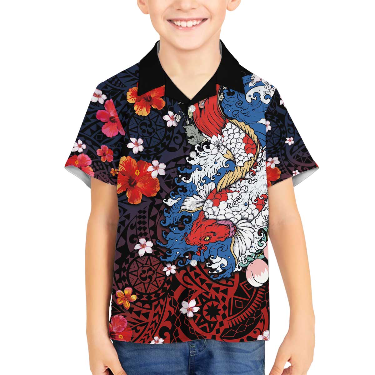 Hawaiian and Japanese Together Family Matching Puletasi and Hawaiian Shirt Hibiscus and Koi Fish Polynesian Pattern Colorful Style LT03 Son's Shirt Red - Polynesian Pride