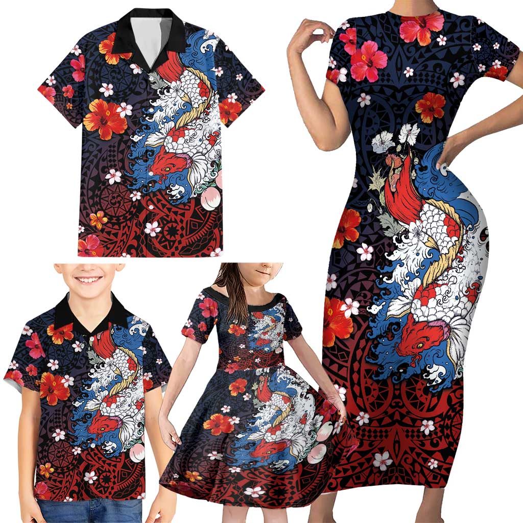 Hawaiian and Japanese Together Family Matching Short Sleeve Bodycon Dress and Hawaiian Shirt Hibiscus and Koi Fish Polynesian Pattern Colorful Style LT03 - Polynesian Pride