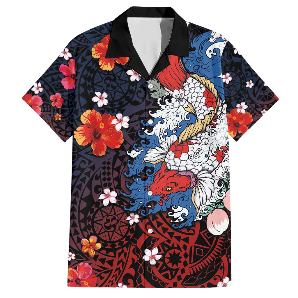 Hawaiian and Japanese Together Family Matching Short Sleeve Bodycon Dress and Hawaiian Shirt Hibiscus and Koi Fish Polynesian Pattern Colorful Style LT03 Dad's Shirt - Short Sleeve Red - Polynesian Pride