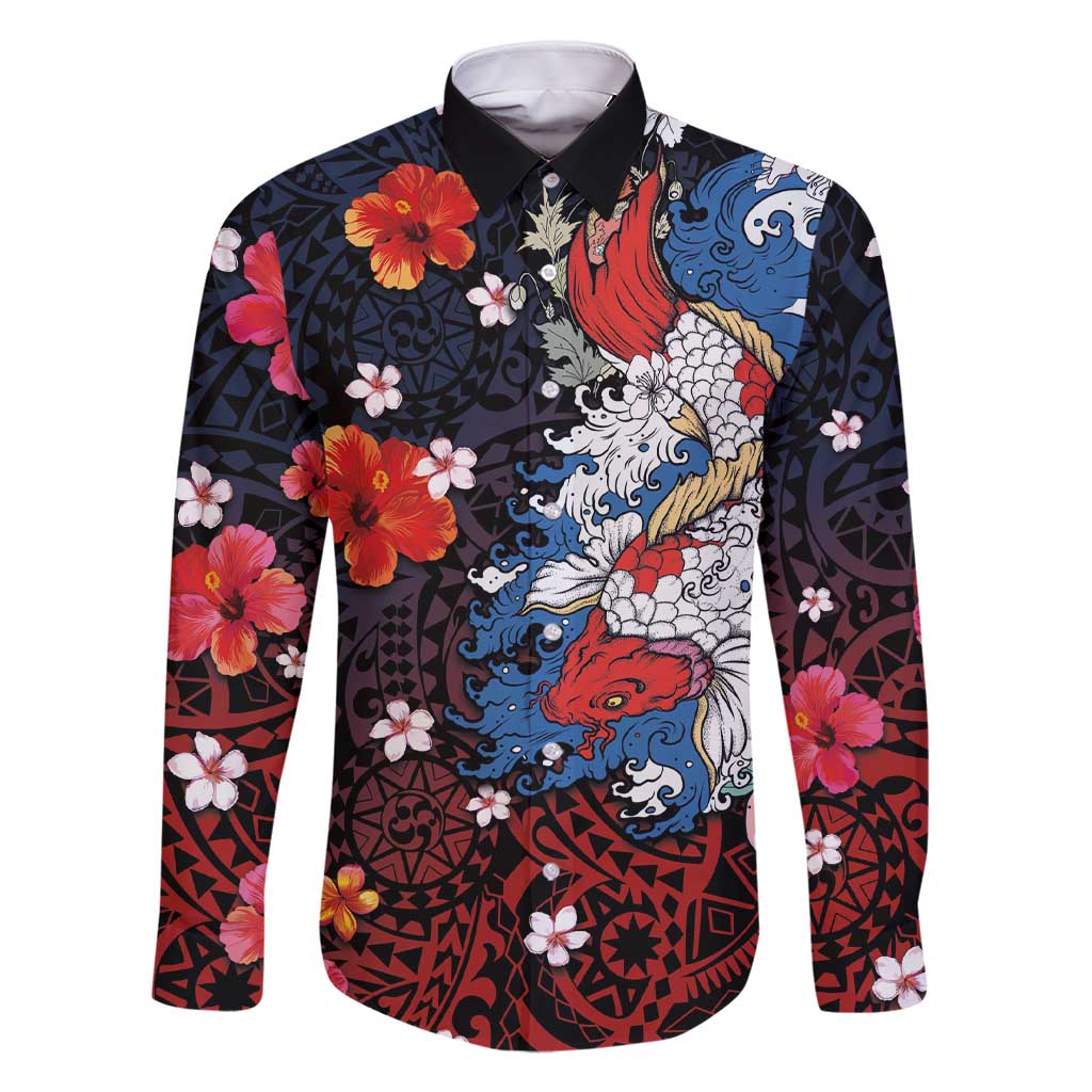Hawaiian and Japanese Together Family Matching Short Sleeve Bodycon Dress and Hawaiian Shirt Hibiscus and Koi Fish Polynesian Pattern Colorful Style LT03 Dad's Shirt - Long Sleeve Red - Polynesian Pride