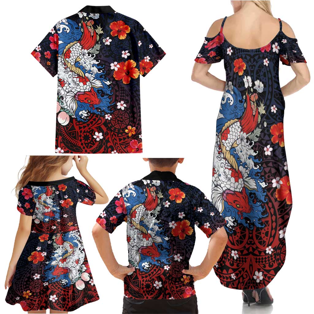 Hawaiian and Japanese Together Family Matching Summer Maxi Dress and Hawaiian Shirt Hibiscus and Koi Fish Polynesian Pattern Colorful Style LT03 - Polynesian Pride